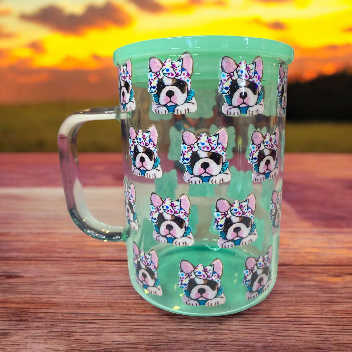 tasse 16 0z en verre de couleur turquoise avec buldog francais