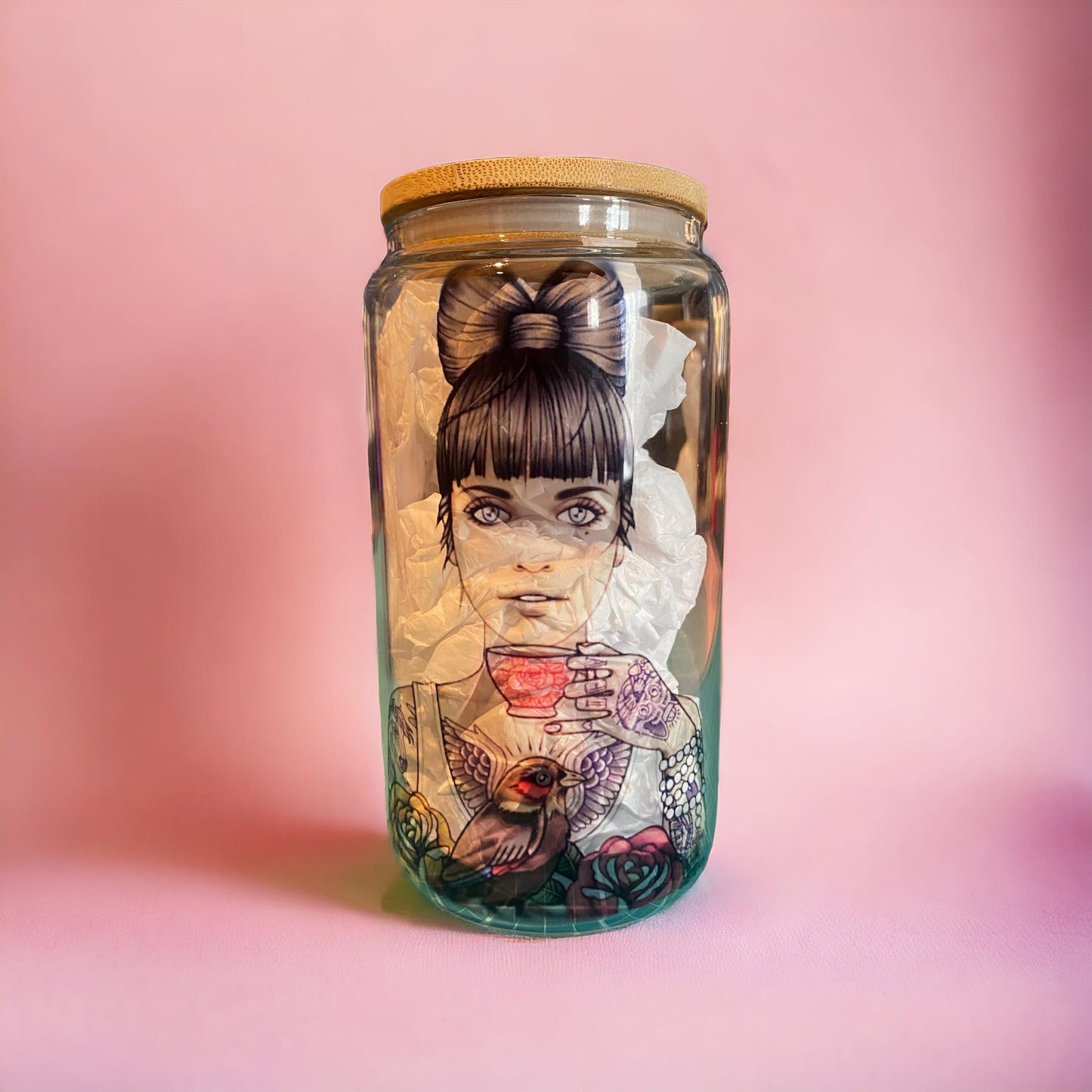 verre 16 oz fille tattoo thé oiseau