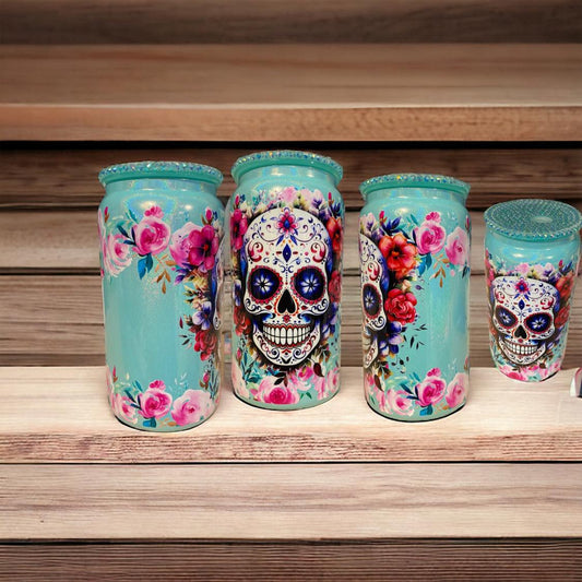 goblet de 16 oz en verre de couleur turquoise scintillant sugar skull