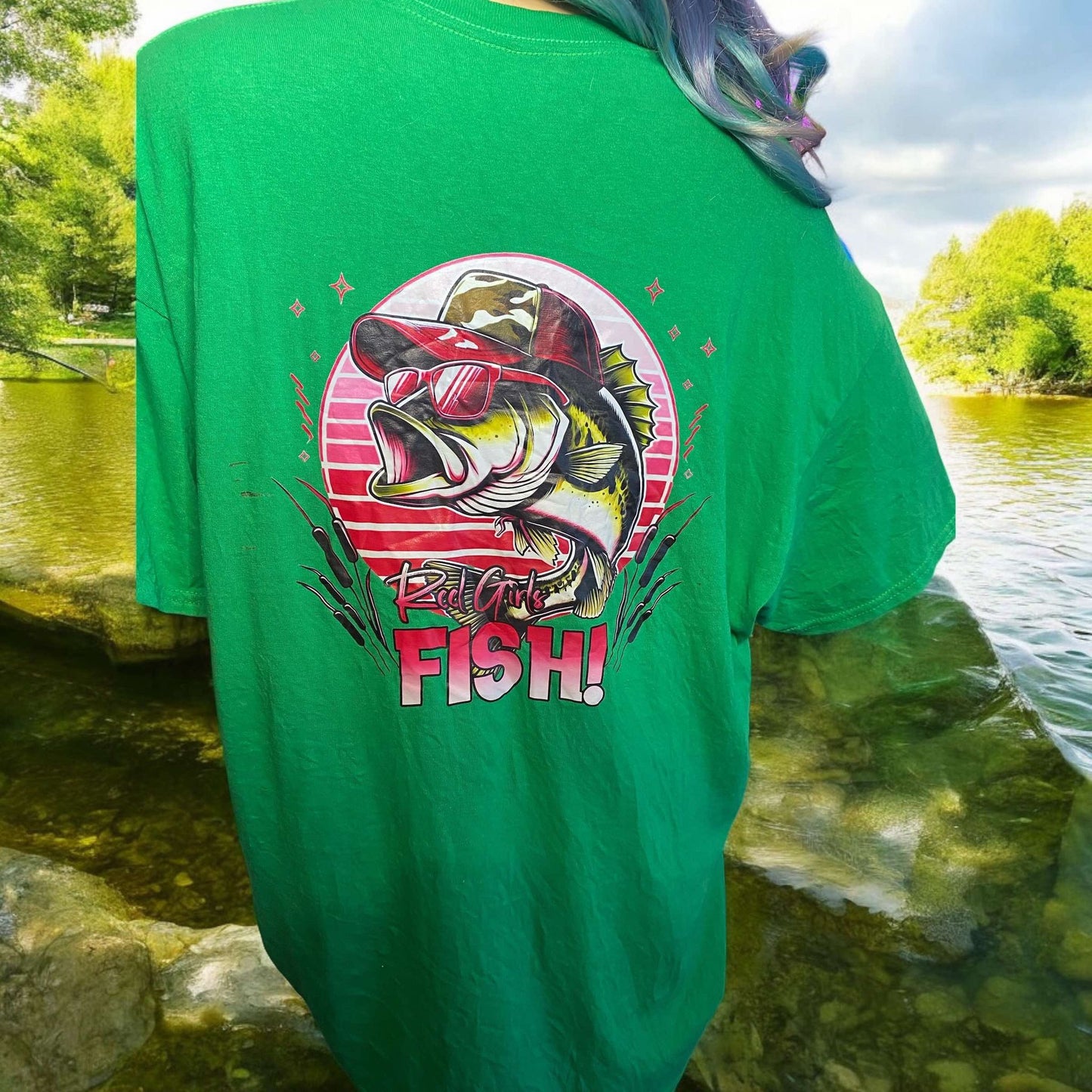 t-shirt vert reel girls fish coton