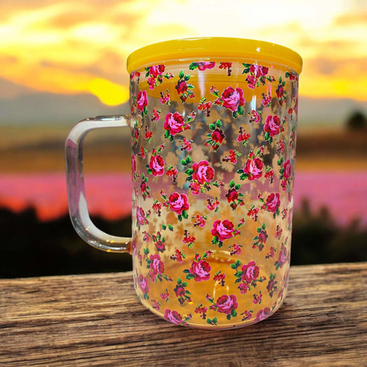 tasse  en verre 16 oz  de couleur jaune orangé avec des roses