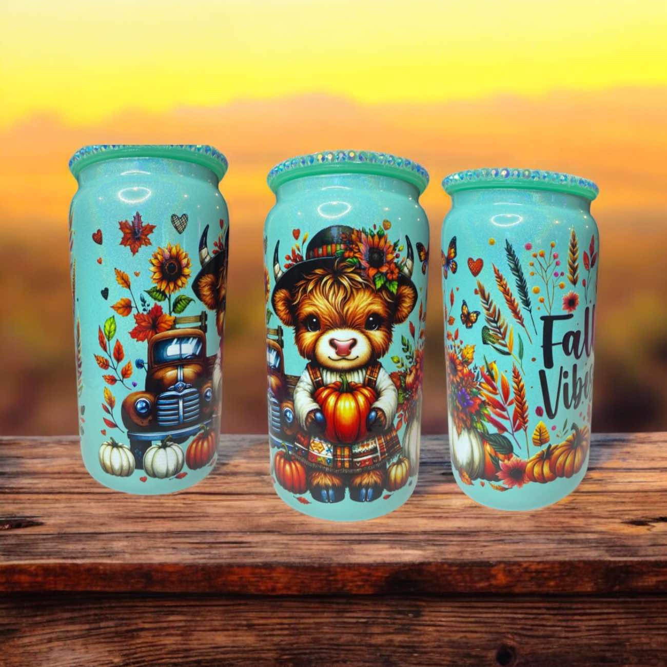 verre en vitre turquoise perle 16 oz fall vibe highland cow