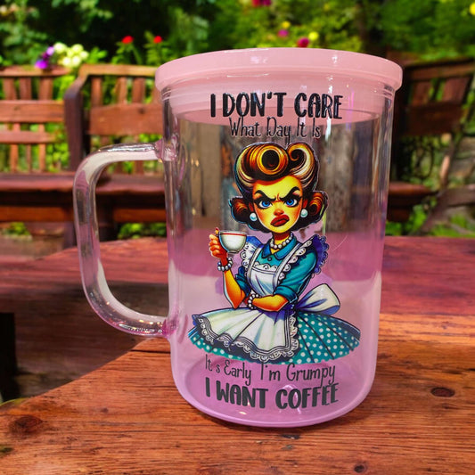 tasse  en verre rose pale 16 oz i don't care what day it is