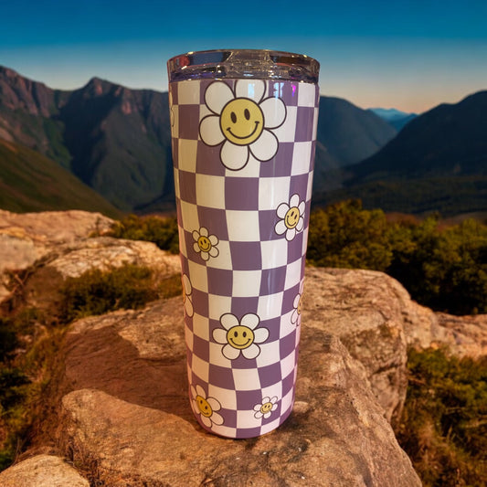 Tumbler 20oz damier mauve avec fleur rétro